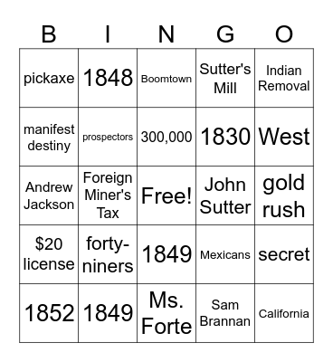California Gold Rush Bingo Card