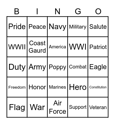 Veterans Day Celebration Bingo Card