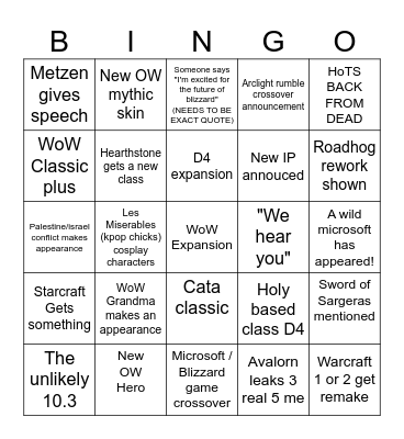 Blizzcon 2023 Bingo Card