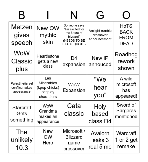 Blizzcon 2023 Bingo Card