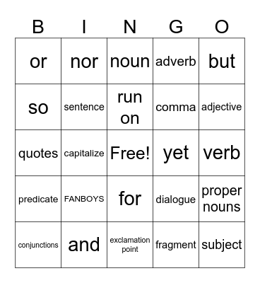 Coordinating Conjunction Bingo Card