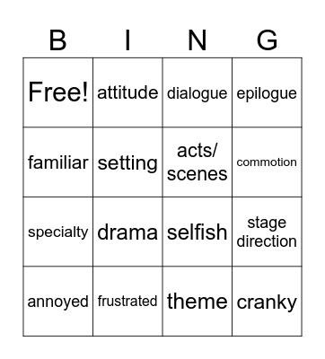 Drama Vocabulary Bingo Card