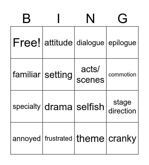 Drama Vocabulary Bingo Card