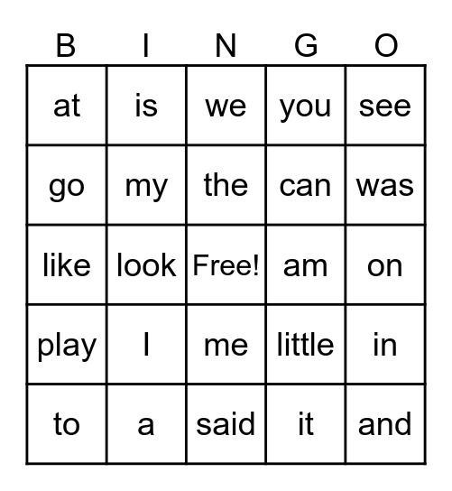 Sight Words Bingo Card