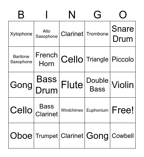 Instrument Bingo Card