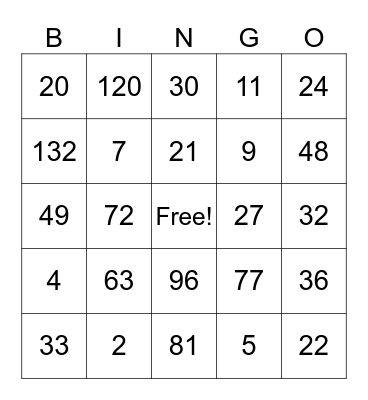 Multiplication Bingo Card