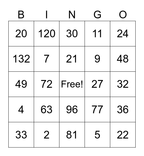 Multiplication Bingo Card