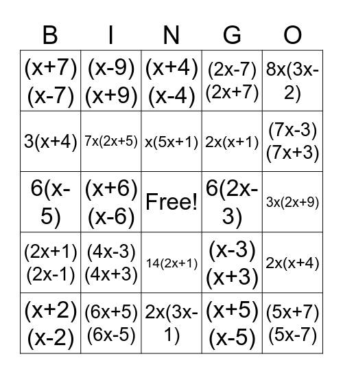 Factoring! Bingo Card