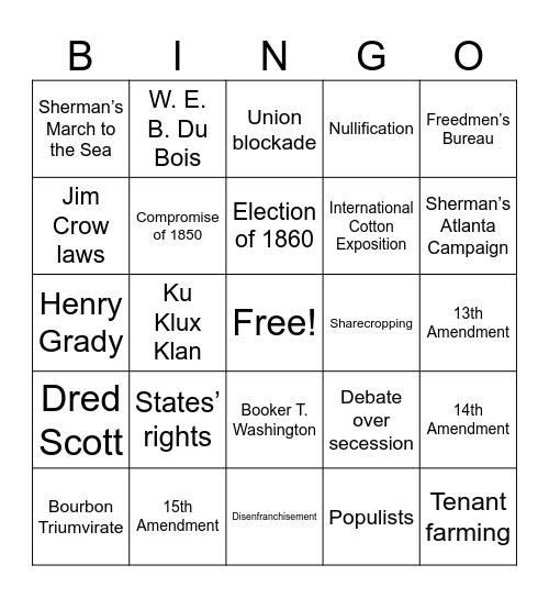 Georgia Civil War, Reconstruction, and the New South Bingo Card