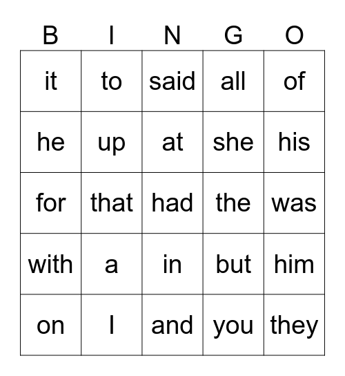 Sight Word Bingo Card