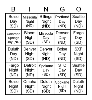 ND=Next Day SD=Same Day Bingo Card