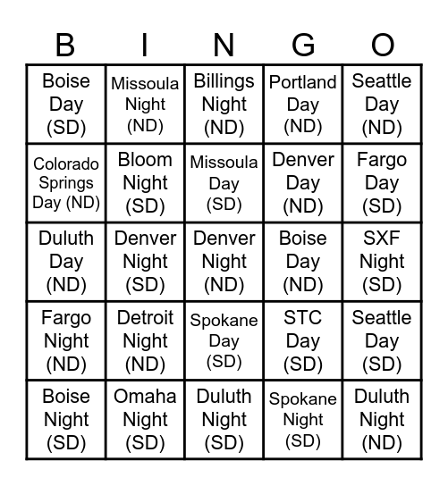 ND=Next Day SD=Same Day Bingo Card