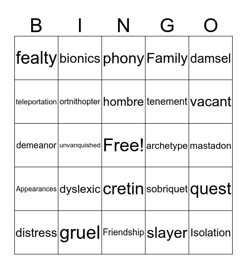 The Mighty Vocabulary Bingo Card