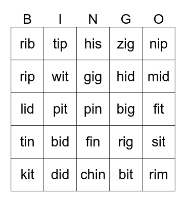 Short i sounds Bingo Card