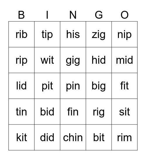 Short i sounds Bingo Card