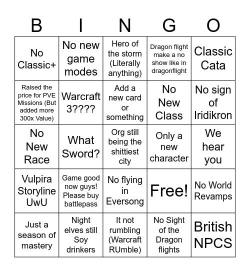 Blizz Disspointment Bingo Card