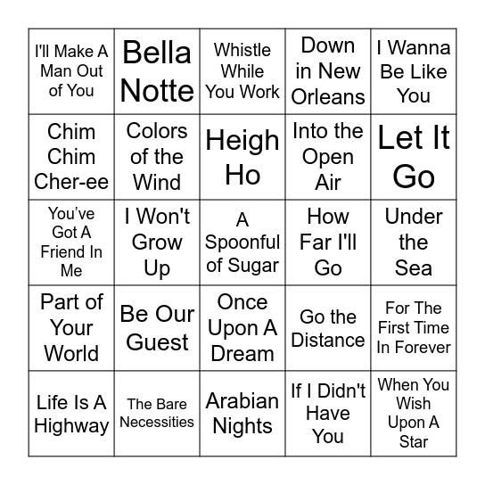 Disney songs! Bingo Card