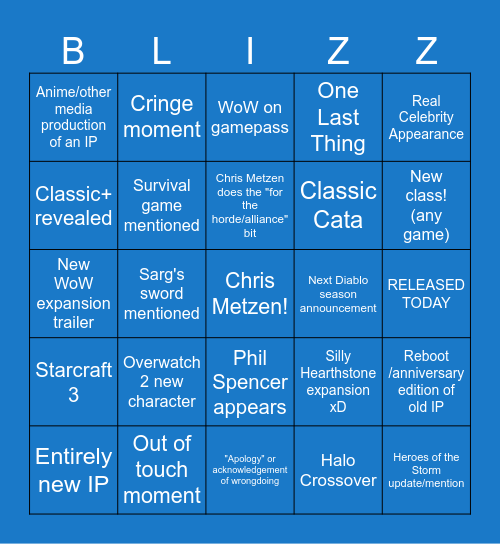 Blizzcon Opening Ceremony 2023 Bingo Card