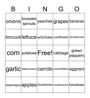 Fruits and Vegetables  Bingo Card
