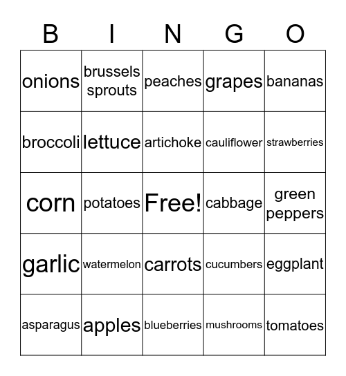 Fruits and Vegetables  Bingo Card