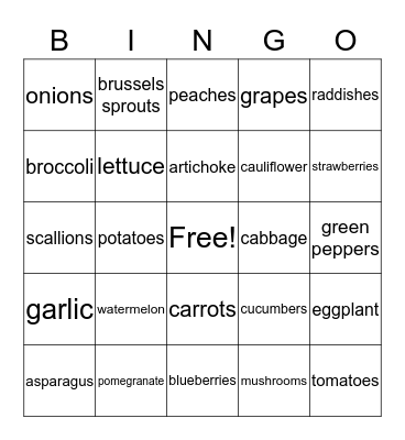 Fruits and Vegetables  Bingo Card