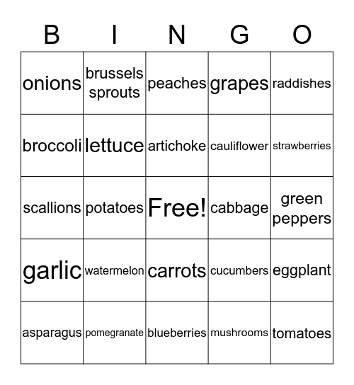 Fruits and Vegetables  Bingo Card