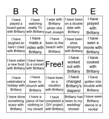 Brittany's Bridal Bingo!  Bingo Card