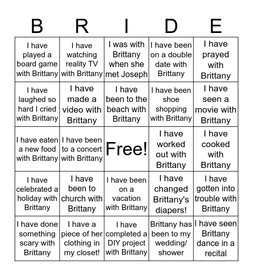 Brittany's Bridal Bingo!  Bingo Card