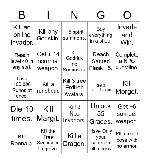 Elden Ring Bingo Card