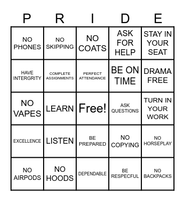 PANTHER PRIDE Bingo Card