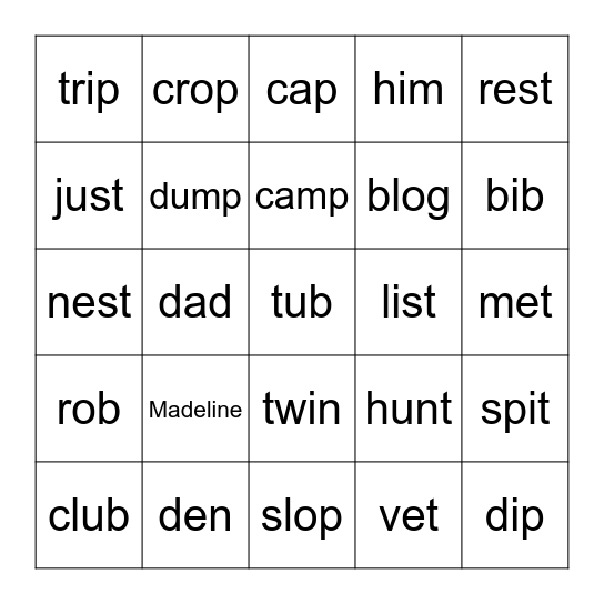 Blending Words Bingo Card
