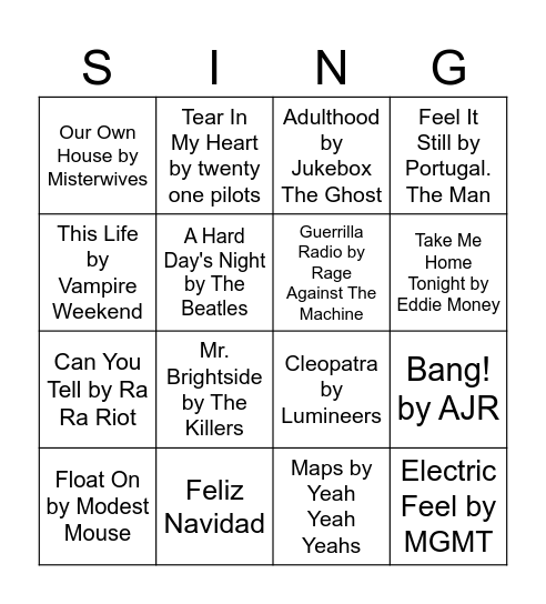 Sing-A-Song Bingo Card