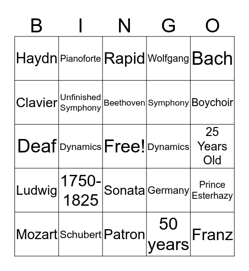 Classical Era Bingo Card