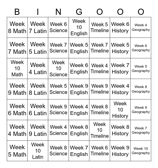 Review Weeks 4-10 Bingo Card