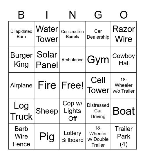 Texas to Alabama Bingo Card