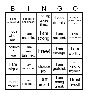 Positive Affirmations Bingo Card