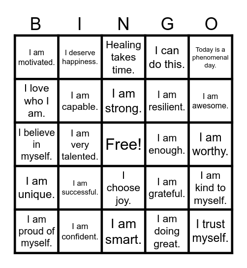 Positive Affirmations Bingo Card