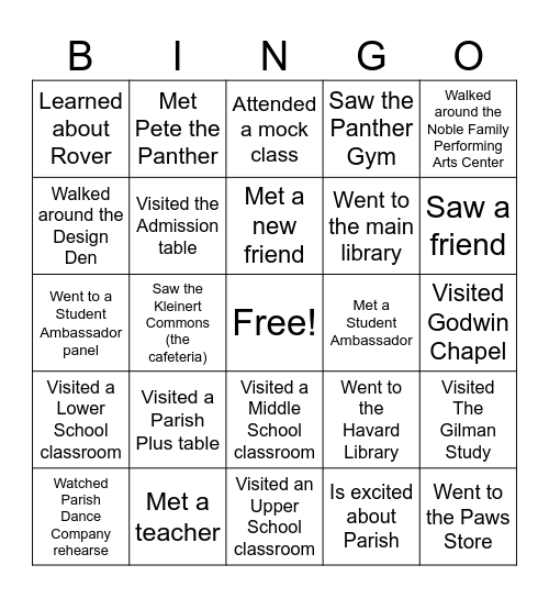 Parish Preview Bingo Card