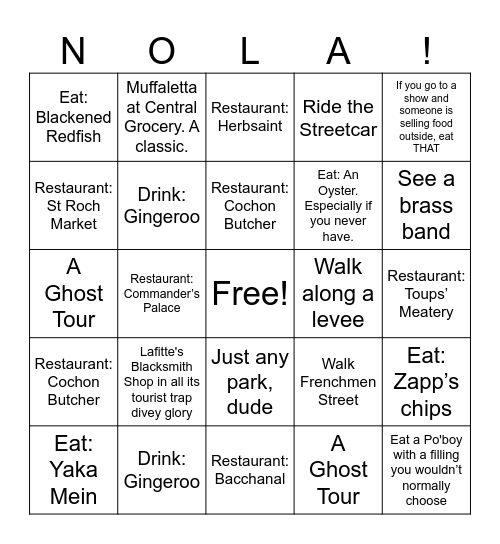 New Orleans Bingo Card