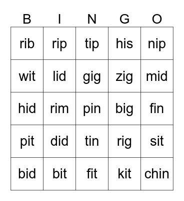 Short i sound Bingo Card
