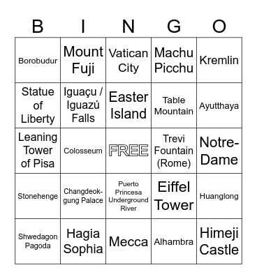 World Wonders Bingo Card