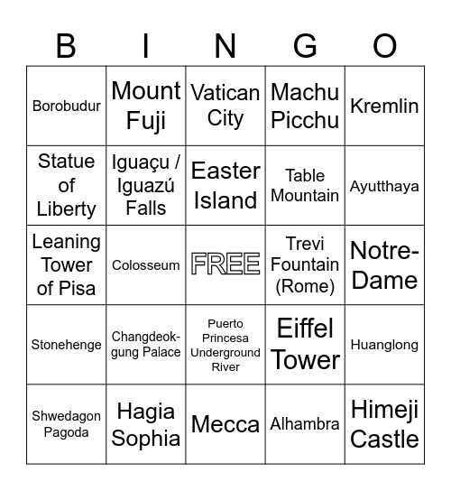 World Wonders Bingo Card