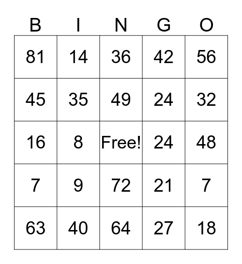 Multiplication Bingo Card