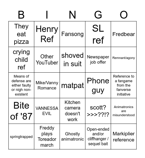 FNAF movie bingo Card