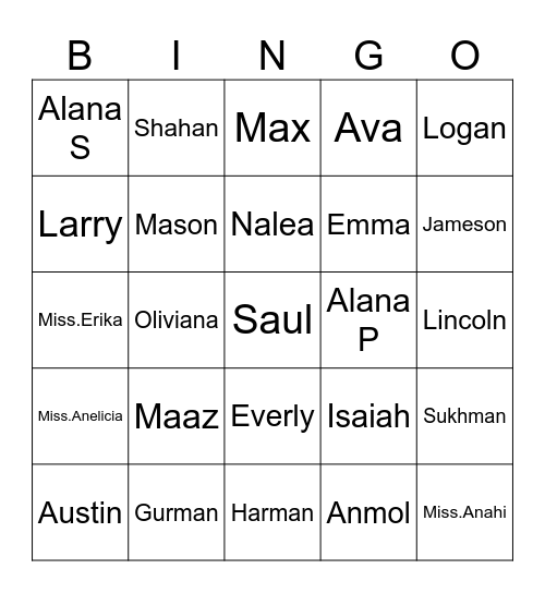 TK/K Students Bingo Card