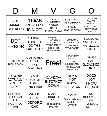 DMV BINGO Card