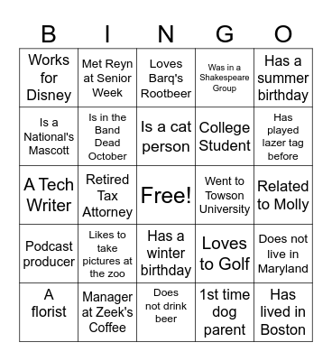 Reyn and Molly's Friends and Family Bingo Card