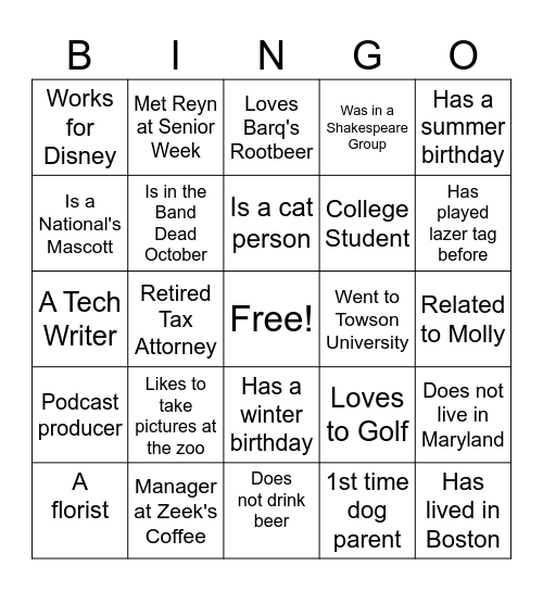Reyn and Molly's Friends and Family Bingo Card