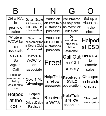Sears BINGO - Support Associates Bingo Card