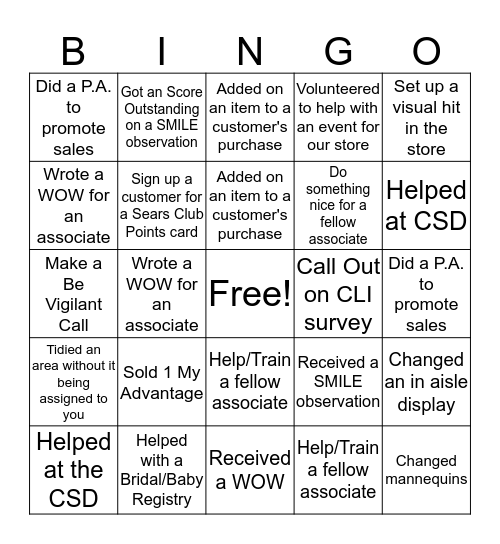 Sears BINGO - Support Associates Bingo Card